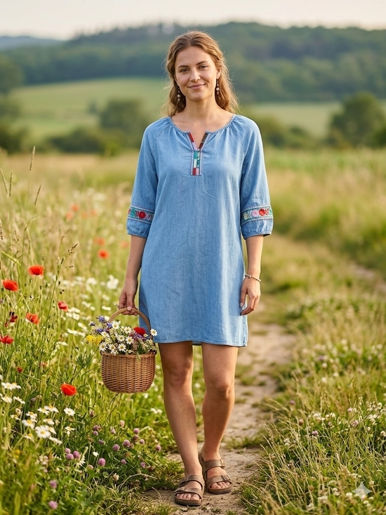 The Pioneer Woman Dresses & Skirts - The Pioneer Woman Light Blue Embroidered Chambray Tunic Dress